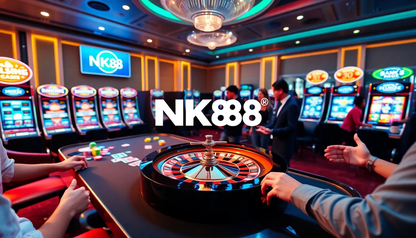 Players engaged at NK88 casino, showcasing vibrant tables and interactive gambling elements.