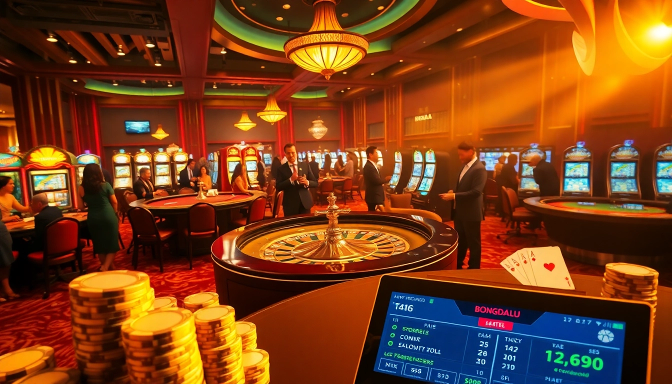 Bongdalu live betting scene with roulette table, poker chips, and slot machines, conveying excitement.