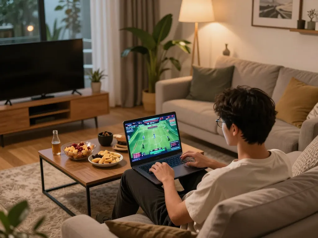 Engaged in online sports betting and strategizing on mk8th.net in a cozy home atmosphere
