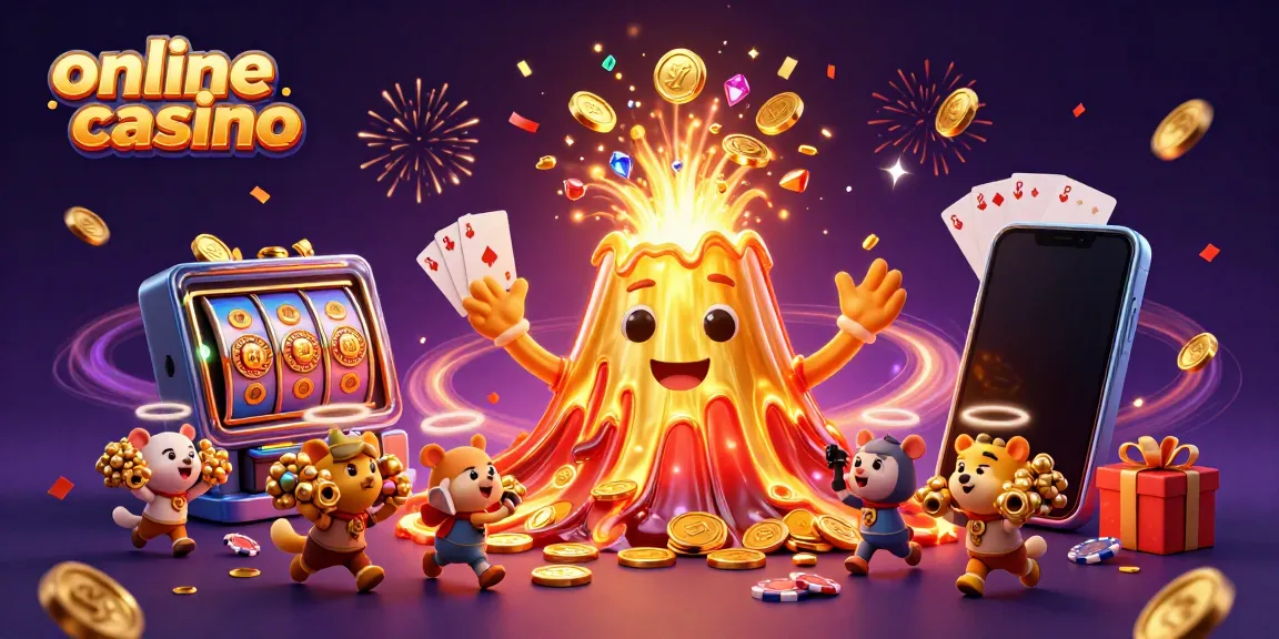 Experience the excitement of an online casino with a joyful erupting volcano, treasure, and games.
