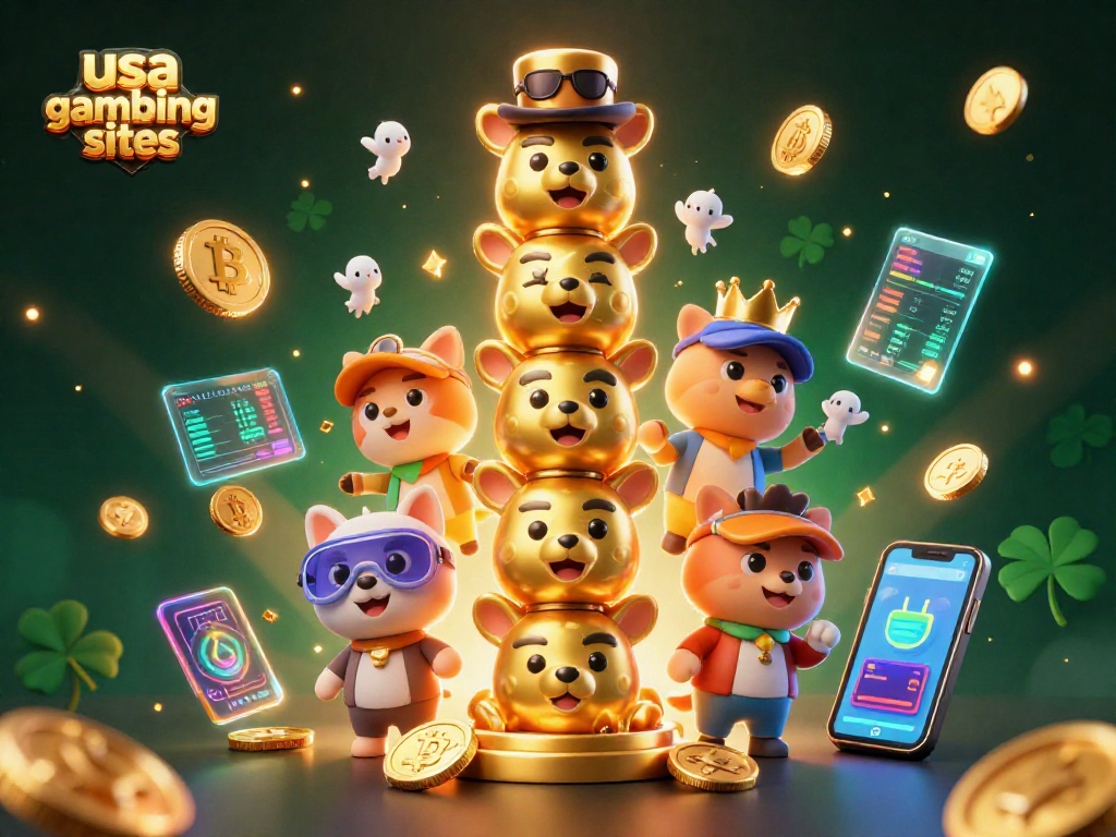 Engage with usa gambling sites featuring vibrant 3D illustrations of a totem pole and cryptocurrency elements.