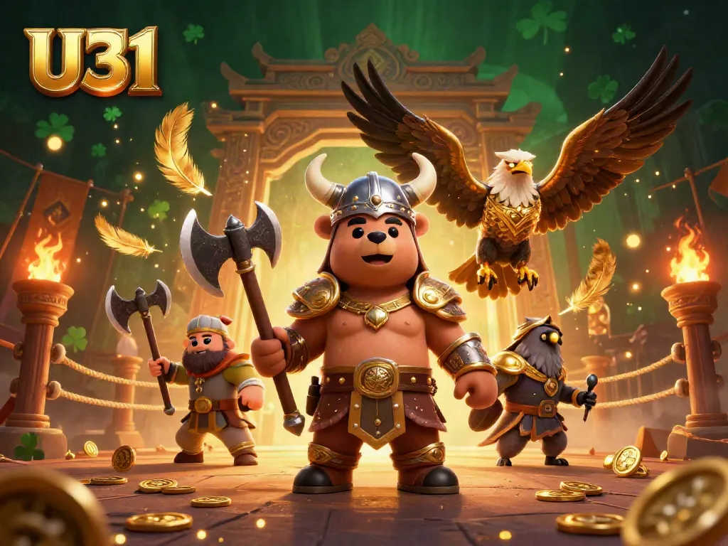 Engage in thrilling U31 casino adventures with this vibrant 3D illustration showcasing dynamic characters and golden gaming elements.