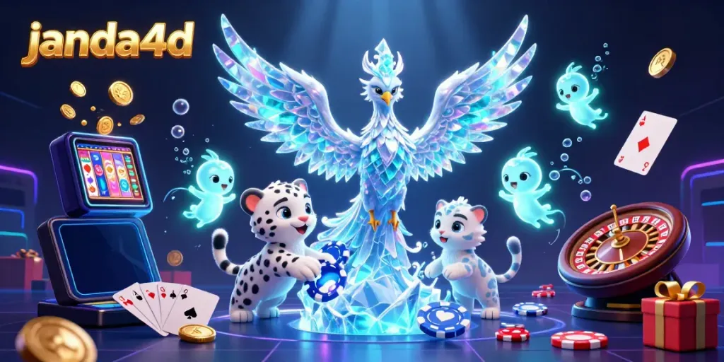 Janda4d menghibur dengan fitur kasino digital, menampilkan phoenix es dan chip poker dalam atmosfer cerah.