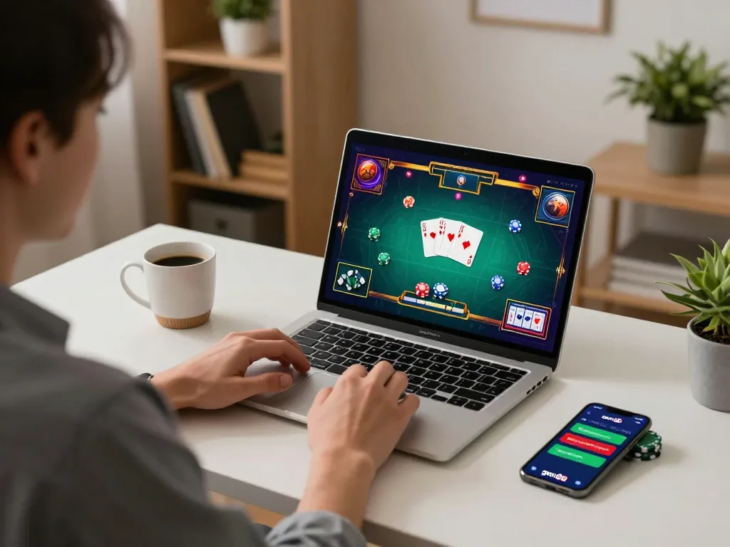 Player engaged in a strategic gem88 poker game on laptop, showcasing focus and gaming setup.