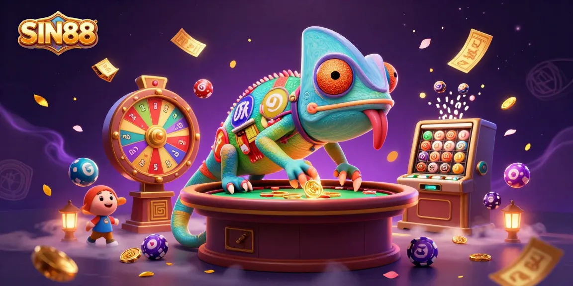SIN88 captures exhilarating lottery moments with golden chameleon owner amidst colorful games.