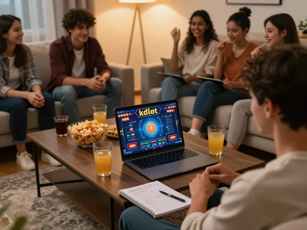 Friends playing kdslot online at home with a laptop, snacks, and drinks.