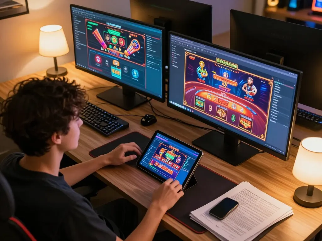 Player exploring 32win online casino games on multiple screens, immersed in a dynamic gaming atmosphere.
