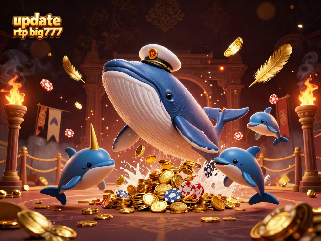 Engage with the thrilling update rtp big777 featuring a whale and playful dolphins amidst coins and casino-themed elements.