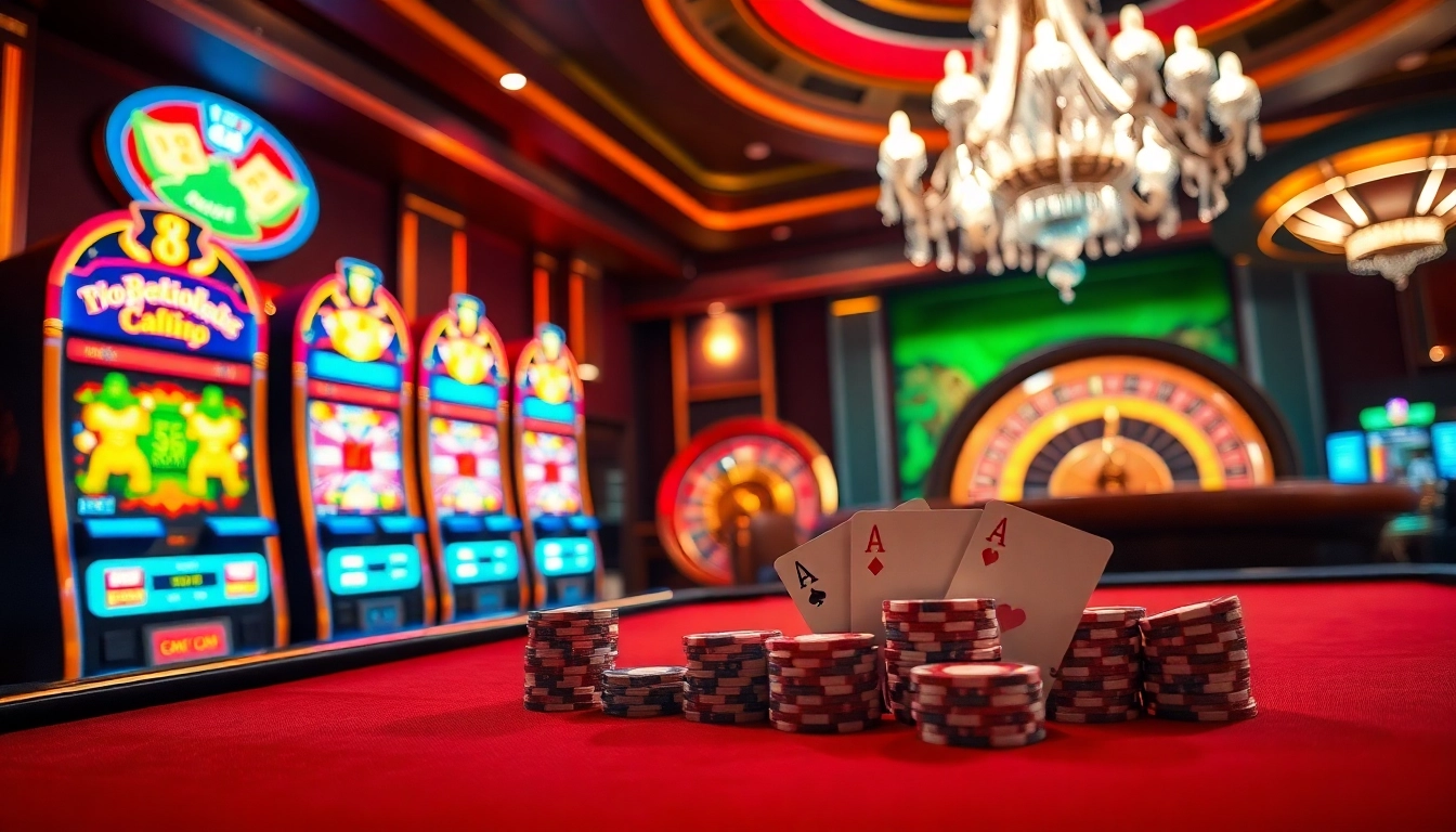 Experience the excitement of 88vv as players engage with vibrant slot machines and poker tables in a luxurious casino setting.