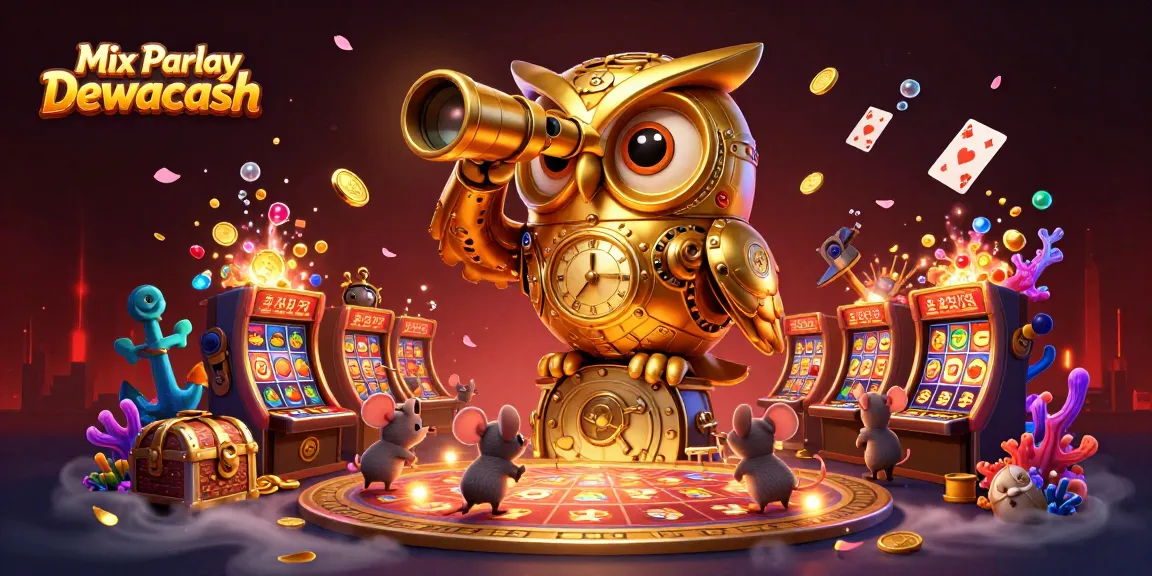 Place bets with Mix Parlay Dewacash in this vibrant casino scenario filled with gold coins and slot machines.