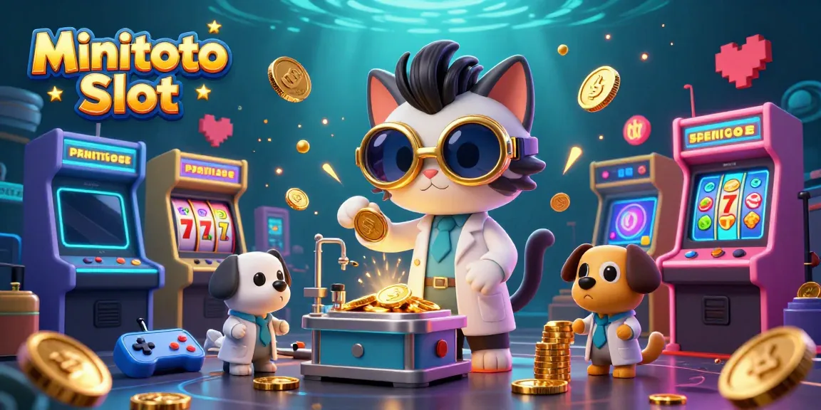 Gambarkan Minitoto Slot dengan karakter kucing ilmuwan dan anjing, penuh dengan simbol dan elemen jackpot.