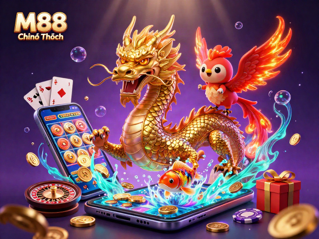 Experience the thrills with M88 Chính Thức featuring a dragon, phoenix, and koi fish in a vibrant casino scene.