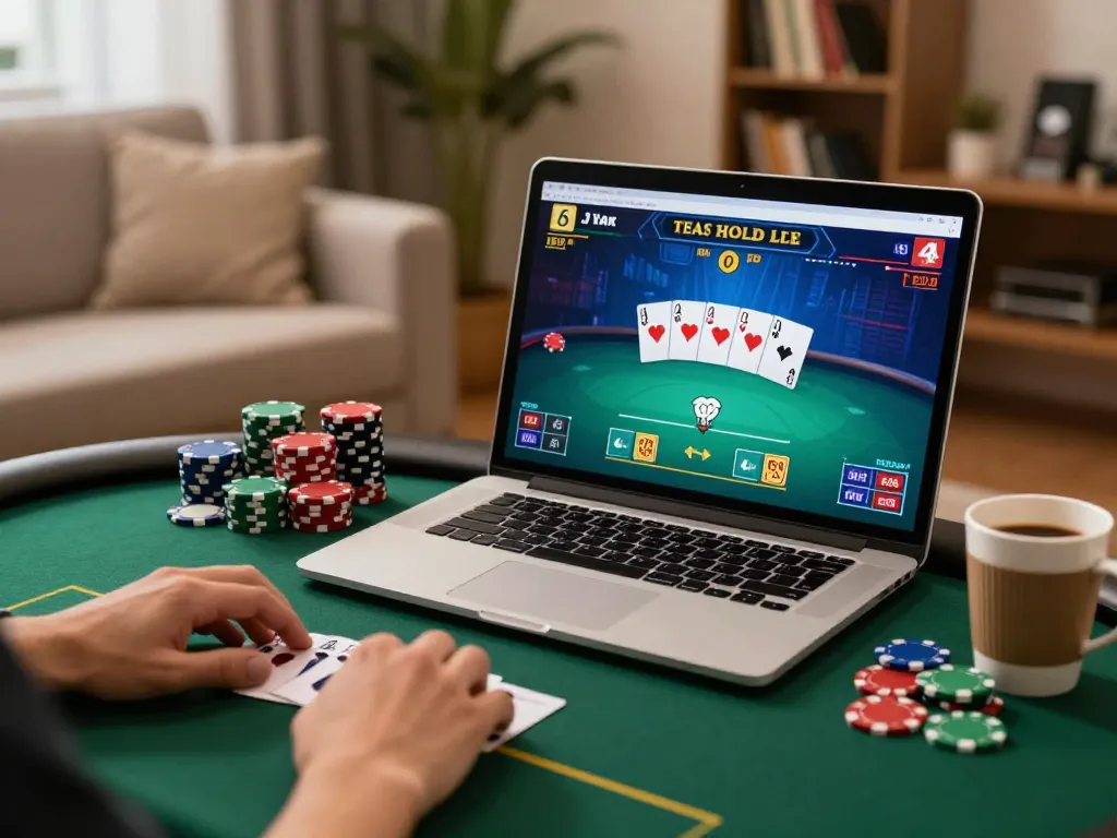 Pemain terlibat dalam permainan poker online di BIOSKOP69, menampilkan permainan strategis dari rumah yang nyaman.