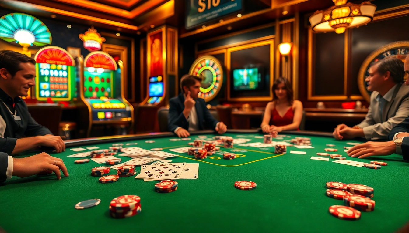 Situs Judi Bola players strategically placing bets at a vibrant casino table filled with poker chips and cards.