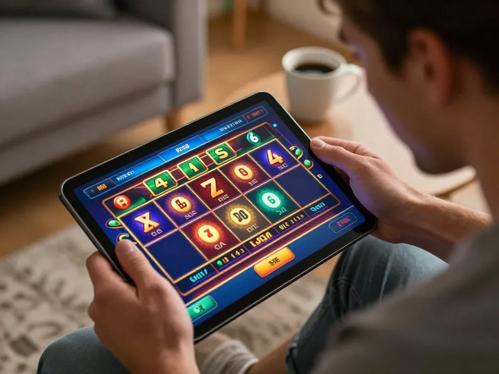 Player engaging with vibrant ligalgo online game on a modern tablet, capturing excitement and interactive gameplay.
