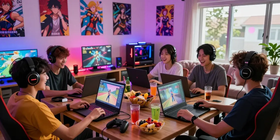 Engaged players enjoying a gay hentai game in a cozy living room with vibrant anime decor.