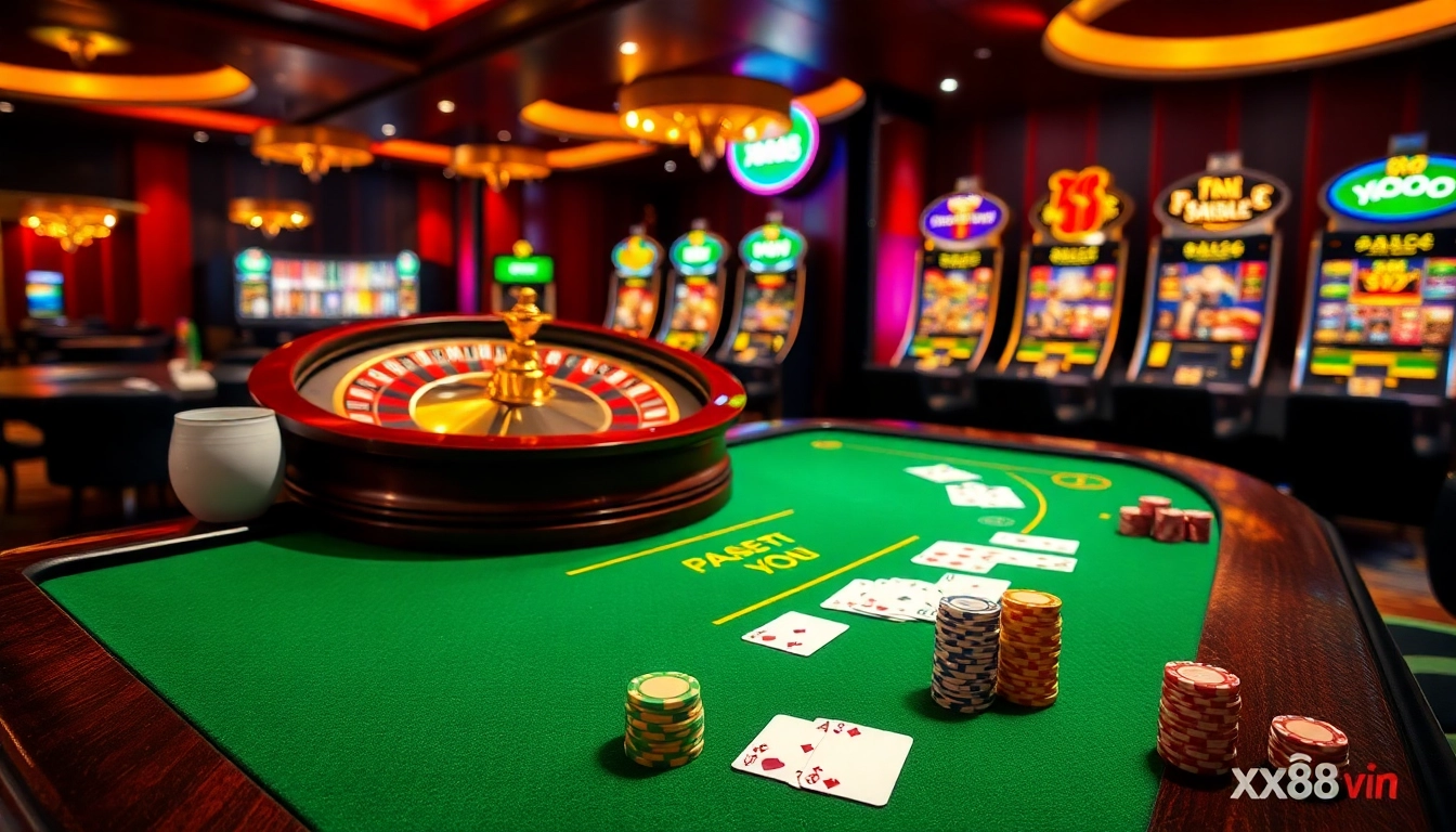 Exciting gambling scene showcasing a glamorous casino atmosphere with gaming tables reflecting xx88 vin's luxury.