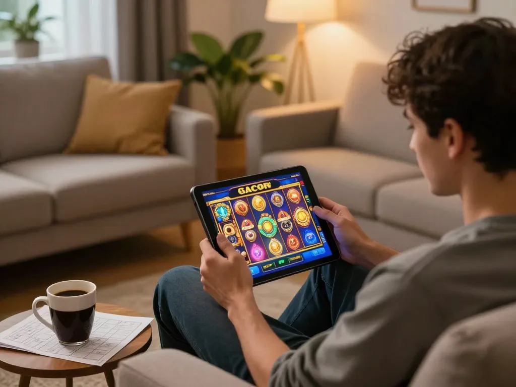 Engaging with slot gacor viral gameplay on a tablet in a cozy home setting.