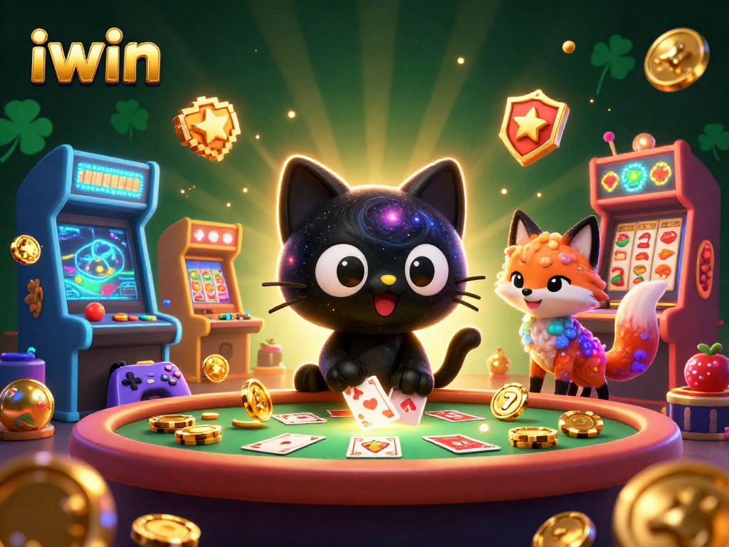 Engage with iwin's vibrant 3D casino scene featuring a cosmic black hole cat and galaxy fox.
