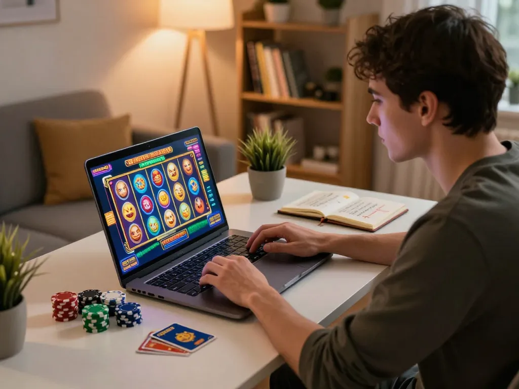 Pemain menikmati slot online di aman788 dalam setelan rumah yang nyaman dengan pencahayaan hangat.