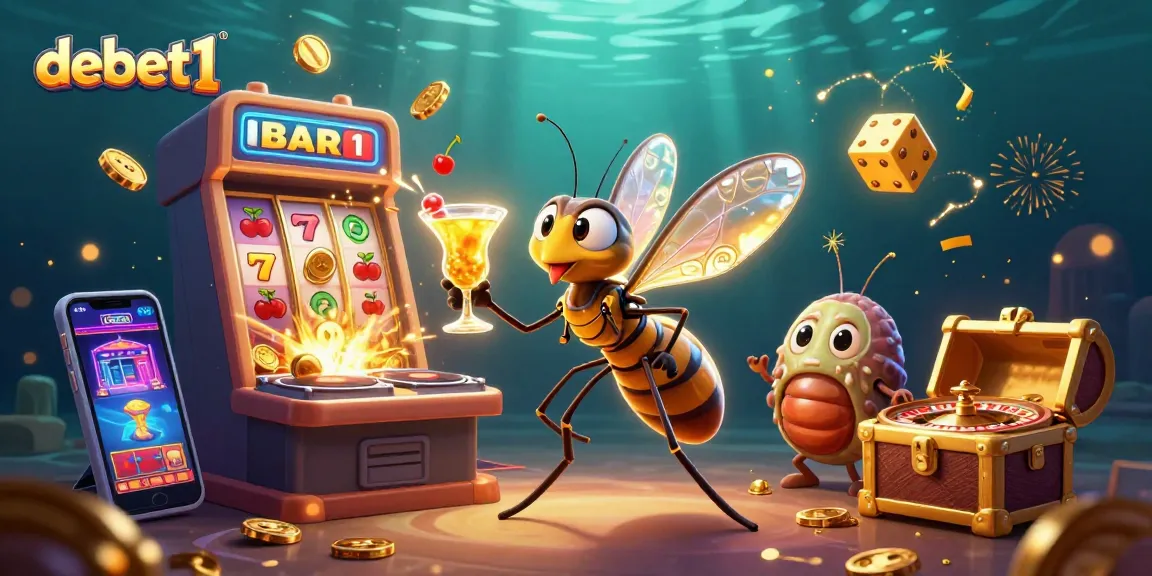 Experience thrilling gameplay with debet1's captivating casino illustration featuring lively characters and shimmering elements.