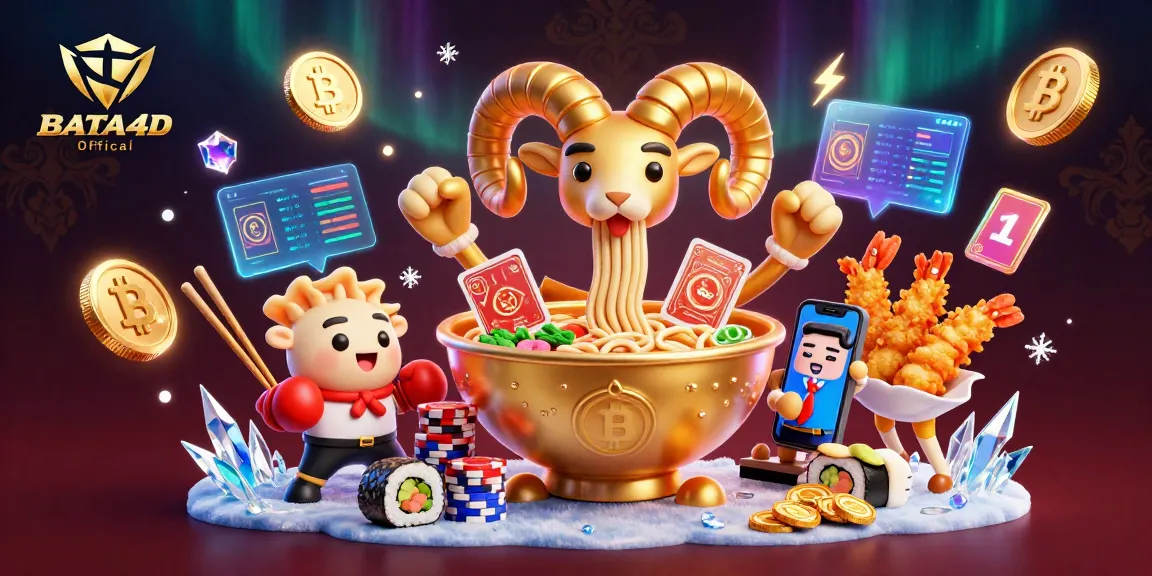 BATA4D Official menampilkan ilustrasi 3D kartun dengan mangkuk ramen emas dan karakter lain dalam aksi perjudian yang dinamis.