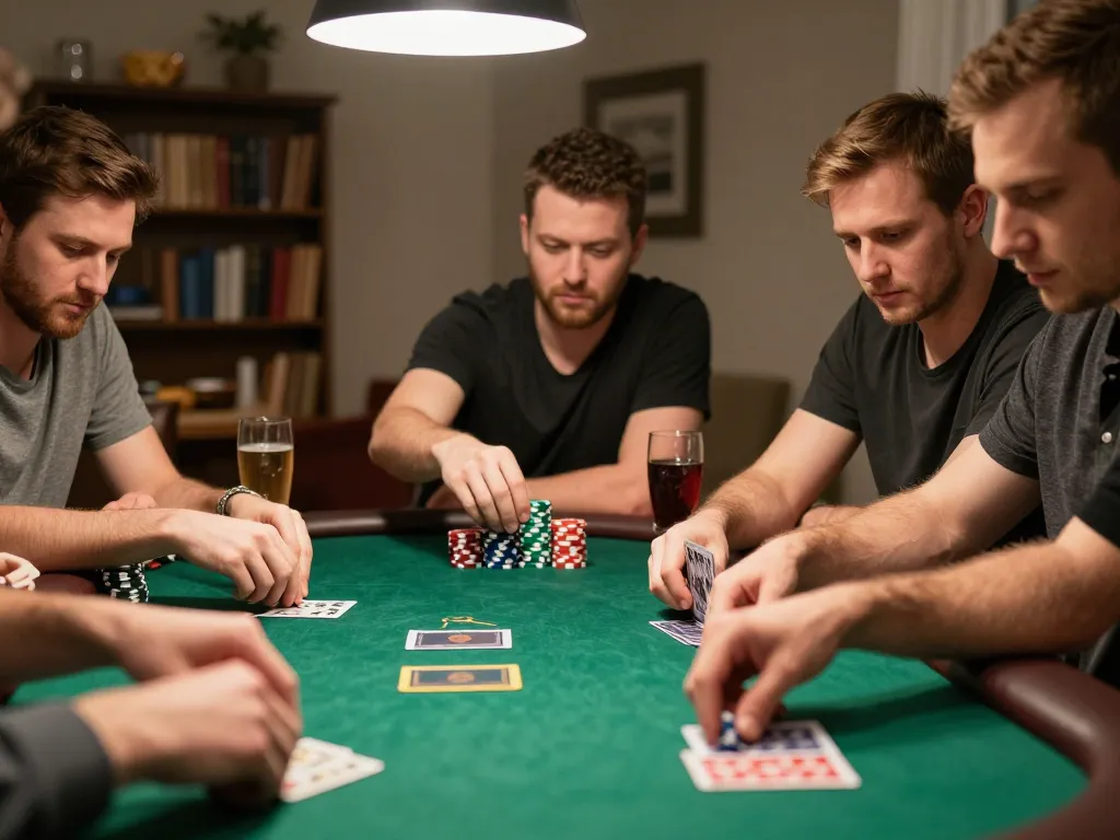 Players engaged in an intense poker game featuring SC88 chips and cards in a cozy home setting.