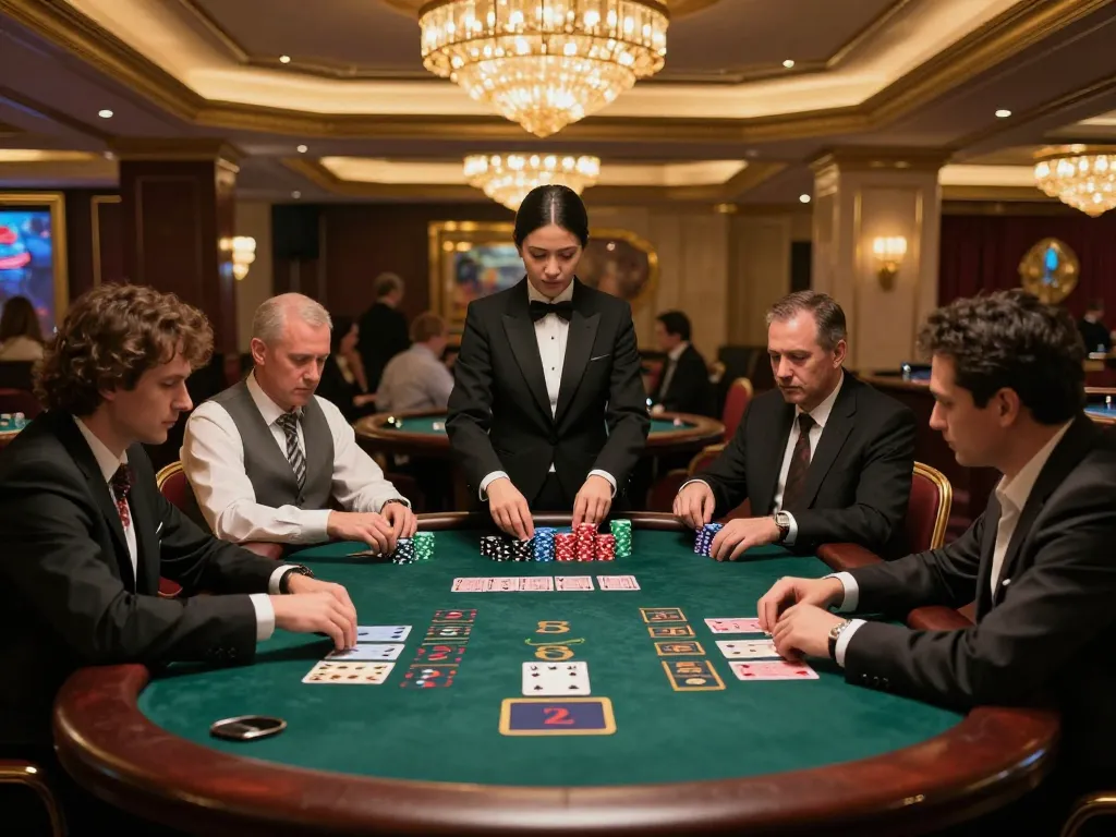 Players enjoying a high-stakes blackjack game at mb88slot casino, focused on their cards and chips.