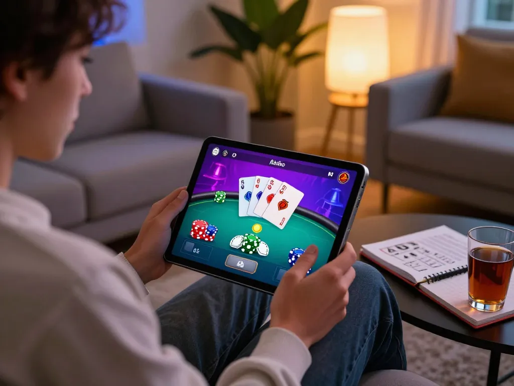 Engaging in online poker gaming with okfun app on a tablet in a cozy living room