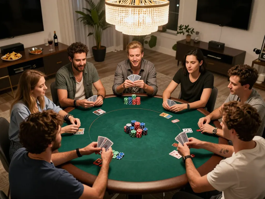 Engaged friends enjoying poker night at home, showcasing camaraderie while playing at a table with cards and chips, ymm88.cyou highlights social gambling dynamics.