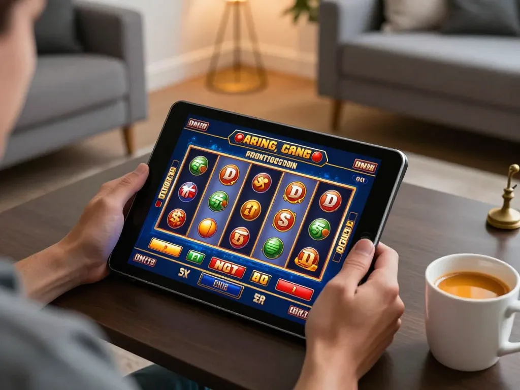 Player at DN88 engaging with vibrant online slots on tablet in modern, cozy living room.