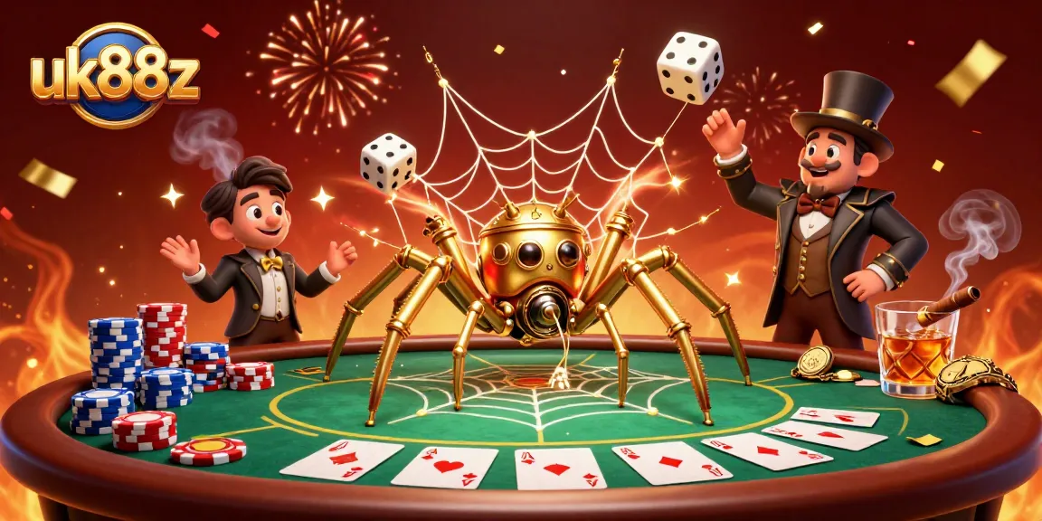 Experience the thrill of uk88z as a golden spider captures dice in a vibrant casino scene with poker elements.