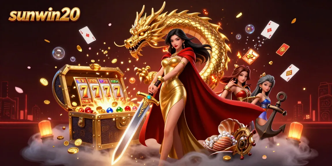 Engage with winning strategies at sunwin20 featuring a stunning warrior queen surrounded by dynamic casino elements.