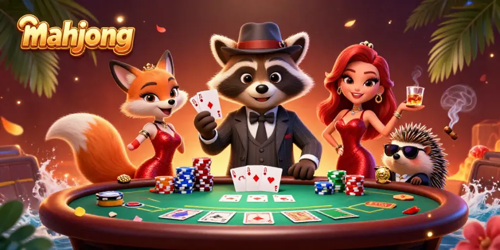 Gambarkan mahjong dengan karakter kartun beruang rakun, rubah, dan landak di meja poker