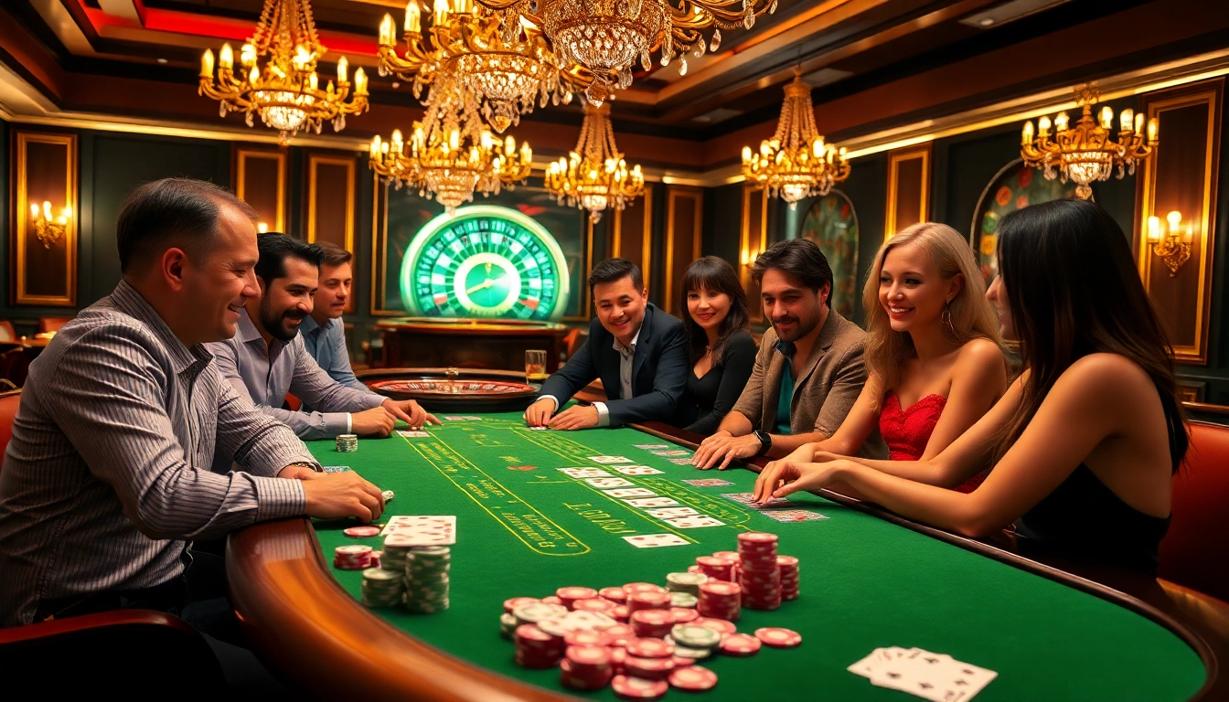 Exciting idnslot gaming scene with players at a luxurious casino table, vibrant poker chips, and roulette wheel.