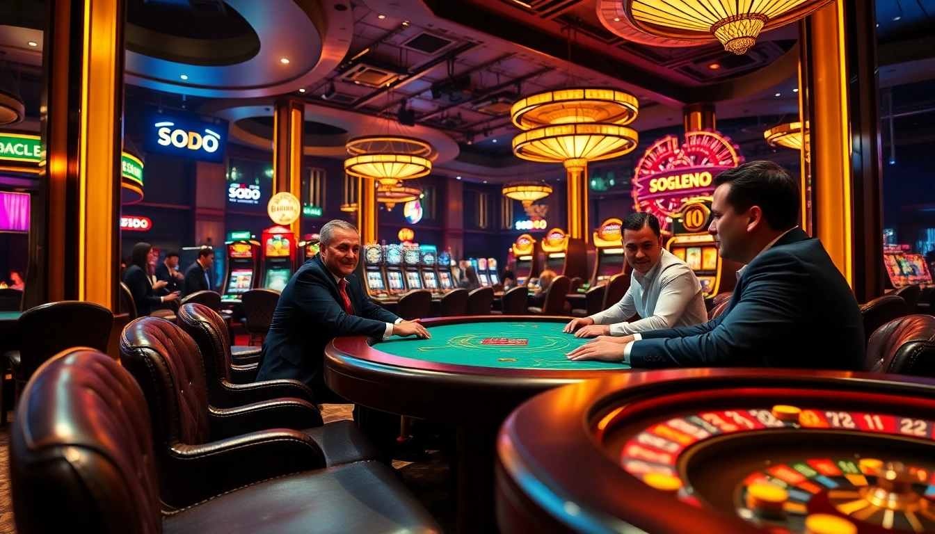 Experience thrilling gameplay at SODO Casino with vibrant poker tables and bright slot machines.
