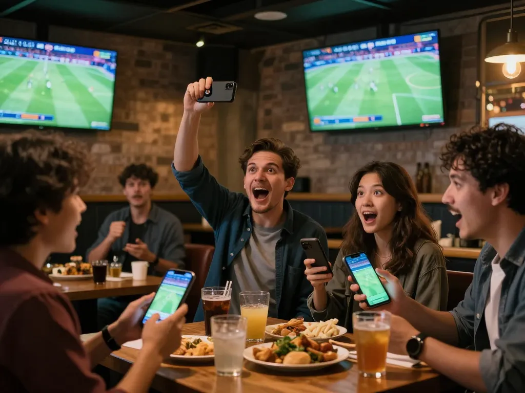 Fans excitedly engaged with cakhia tv while placing bets on their mobile devices in a busy sports bar.