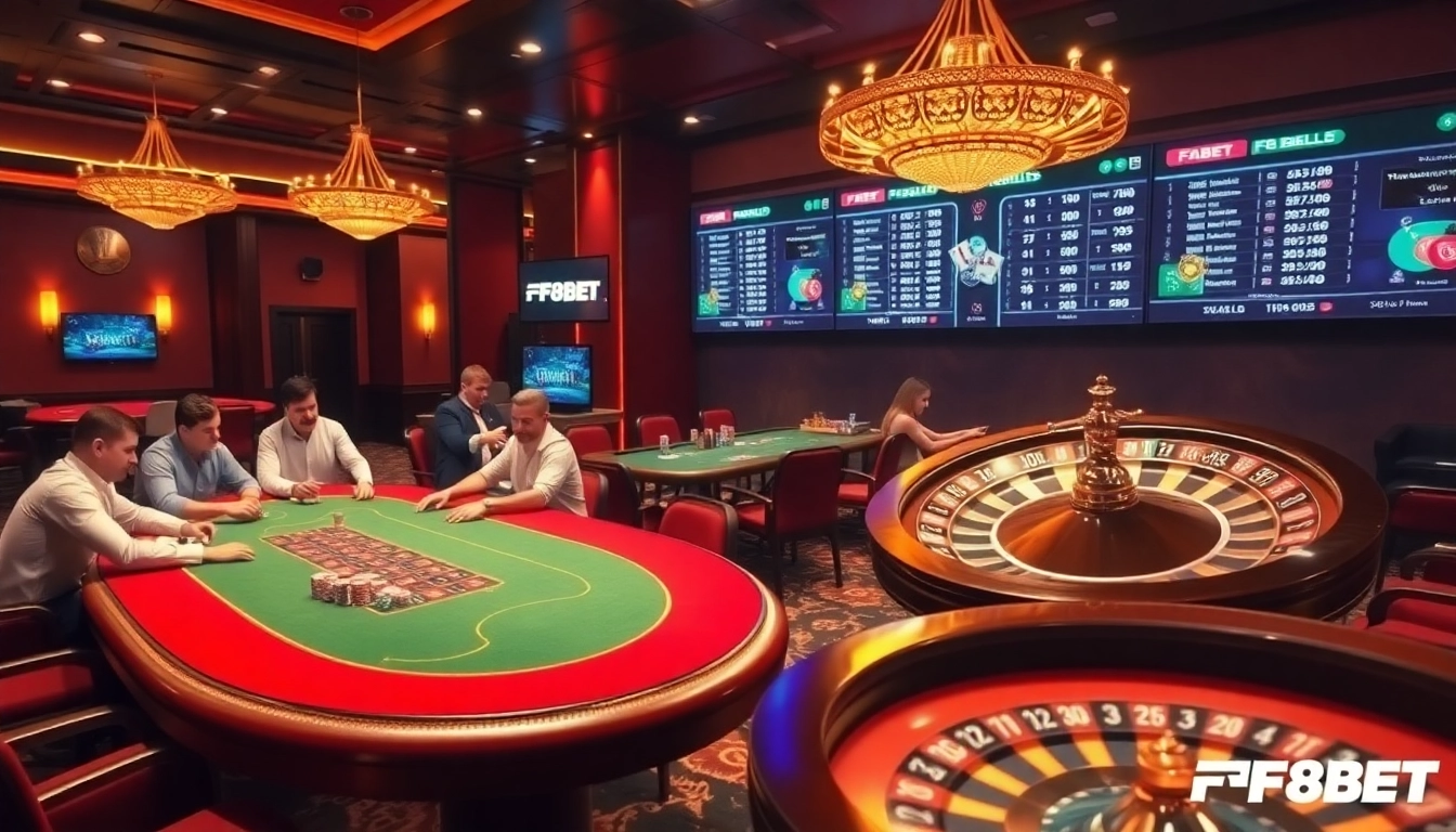 Gambling action at F8BET's luxurious casino tables featuring poker and roulette.