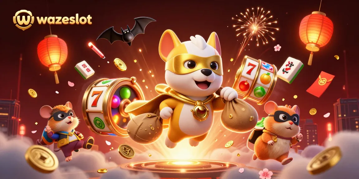 Experience excitement on WAZESLOT with a superhero dog holding gold coins amidst vibrant slot elements.