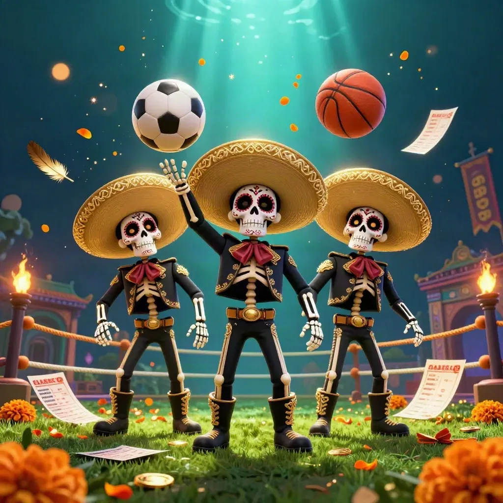 Skeleton mariachi trio amid frozen sports balls, gold coins, and navy-gold casino light.