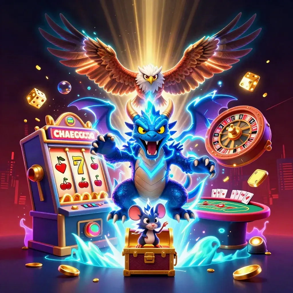 Thunder dragon, winged hawk, and static mouse amid exploding slot treasures in neon casino chaos.