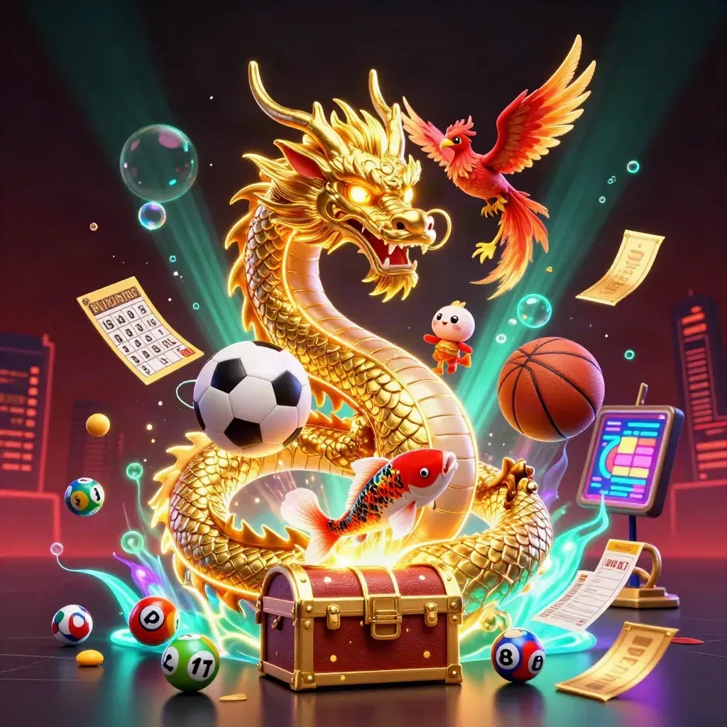 Golden dragon with phoenix, koi, sports balls, and casino prizes in a cinematic neon burst.