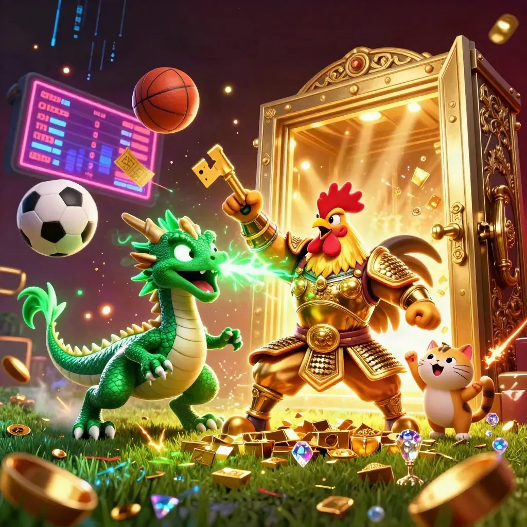 Rooster warrior, dragon hatchling, and fortune-cat amid flying balls, gold, sparks, and vault light.