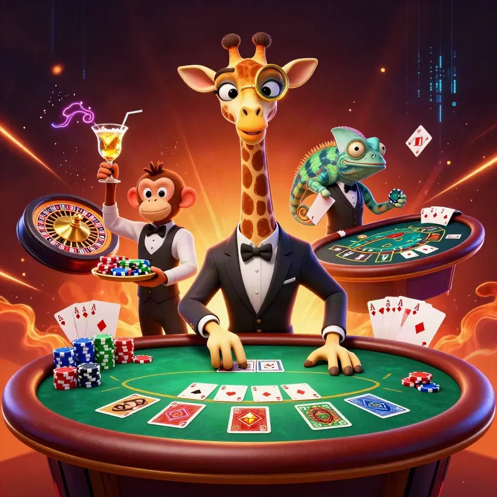 Giraffe high roller, monkey valet, and chameleon bartender amid neon casino chips and cards