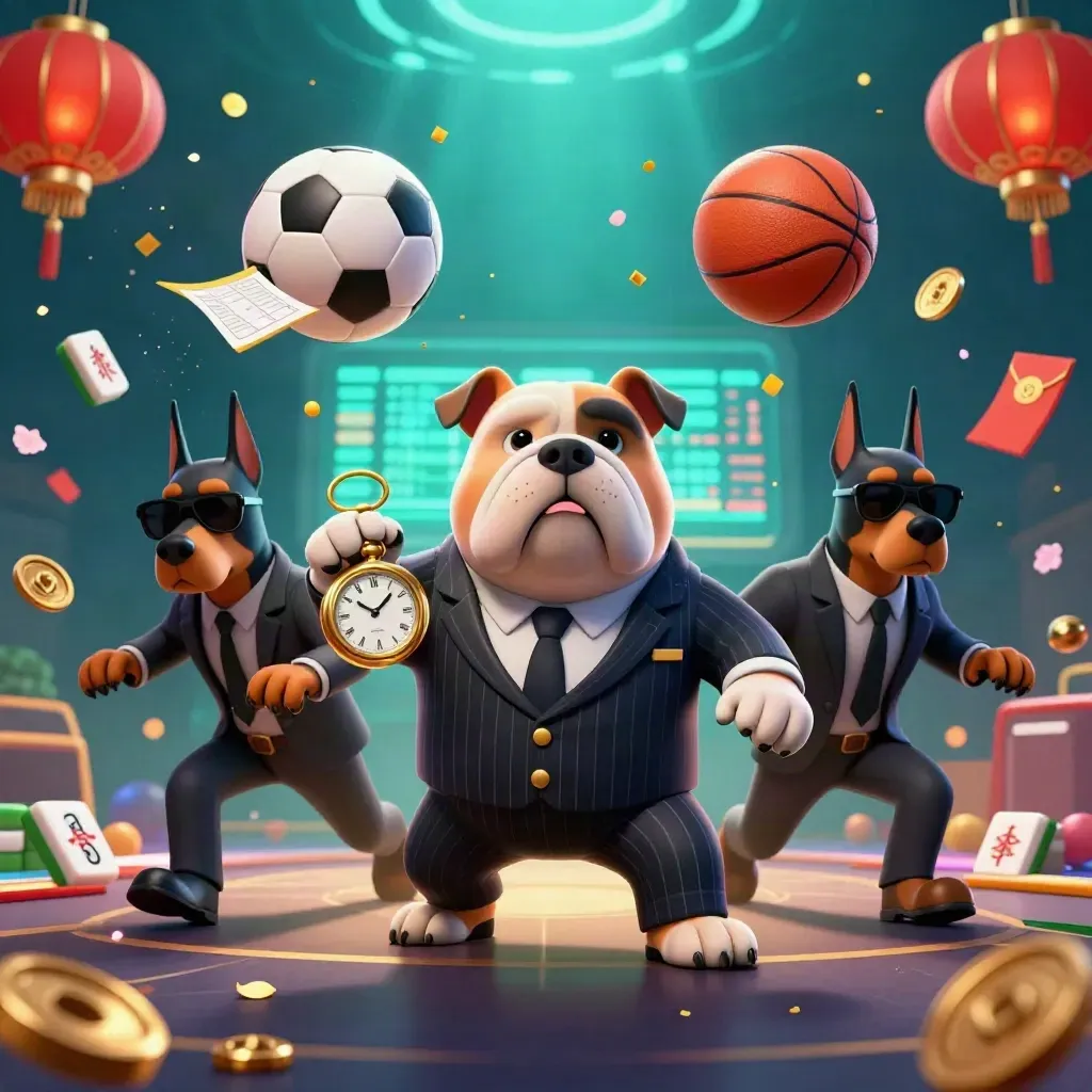 Bulldog boss and Doberman guards with flying balls, lanterns, coins, and gold-lit casino sports energy.