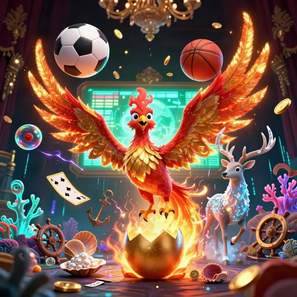 Fire phoenix, baby phoenix, crystal stag, treasure cove, glowing sports balls, luxe casino key art.
