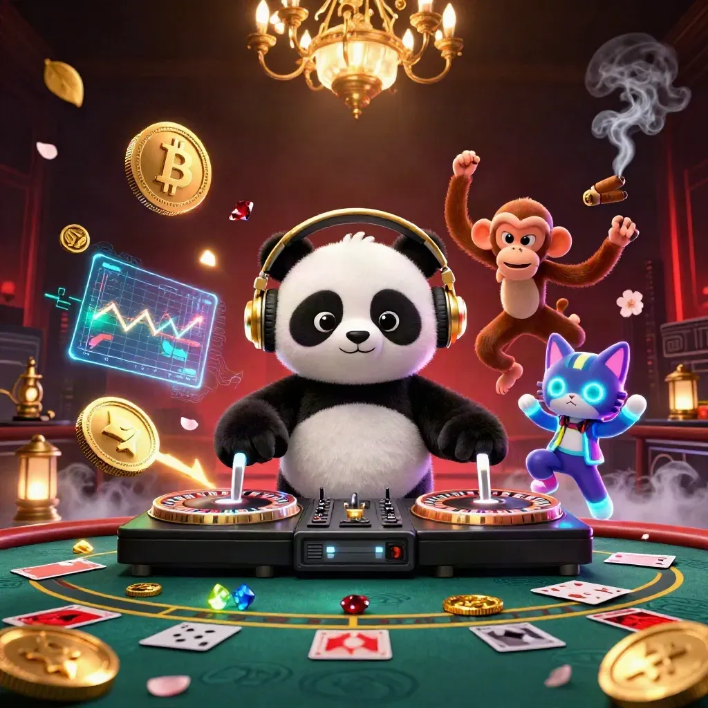 Cartoon panda DJ, monkey, and kitten in a luxe neon casino room with coins and glowing effects