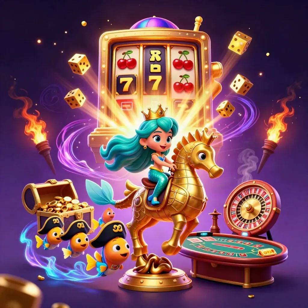 Mermaid princess rides a golden seahorse amid slot burst, casino props, and pirate-hat fish.