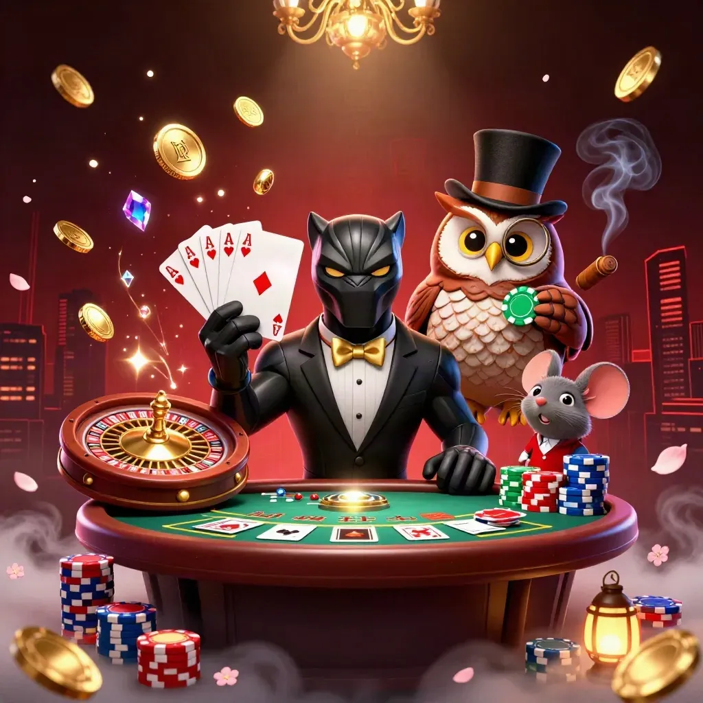 Black panther, owl, and mouse in a luxe casino scene with coins, gems, and a spinning wheel
