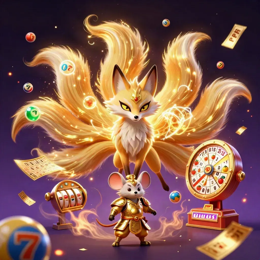 Nine-tailed fox spirit and golden samurai mouse amid neon casino charms and swirling gold magic